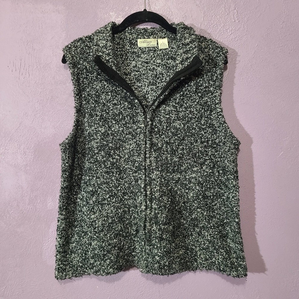 Allison Lane Mottled Boucle Full Zip Sweater Vest Womens L Gray White